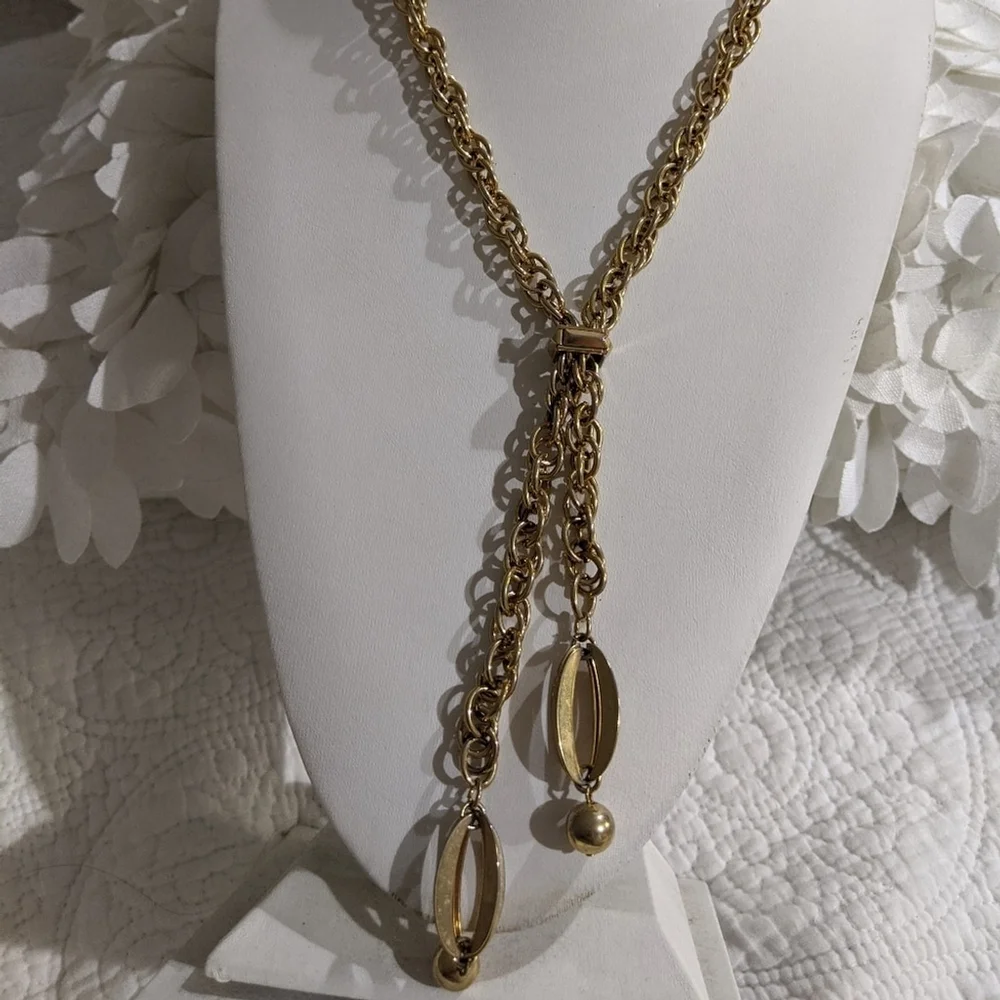 Vintage Art Deco adjustable Chunky Chain gold brass Y necklace